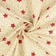 Karácsonyi pamutvászon piros-arany hópelyhek, csillagok krém alapon