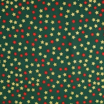 Karácsonyi pamutvászon zöld alapon arany és piros csillagok