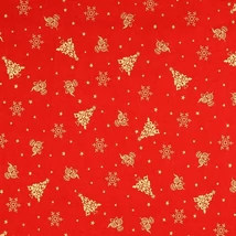 Karácsonyi pamutvászon piros alapon arany fenyő-csillag-díszgömb