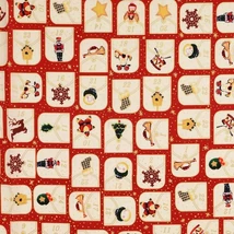 Karácsonyi pamutvászon piros alapon adventi napok számaival karácsonyi figurák