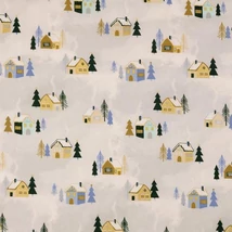 Karácsonyi pamutvászon szürke alapon aranyozottan csillogó kisház fenyőfákkal