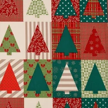 Karácsonyi pamutvászon téglalapokban piros és zöld mintás fenyőfákkal