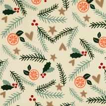 Karácsonyi pamutvászon krém alapon fenyőágak, magyal levelek, csillagok, szívek, narancskarika