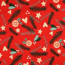 Karácsonyi pamutvászon piros alapon fenyőágak, magyal levelek, csillagok, szívek, narancskarika