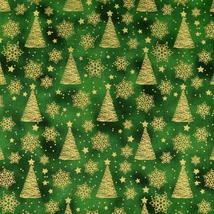 Karácsonyi pamutvászon zöld batikolt alapon arany fenyők és hópelyhek