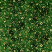 Karácsonyi pamutvászon zöld batikolt alapon arany indás csillagvirágok