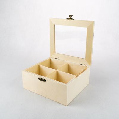 Fa teafiltertató átlátszó tetővel négy rekeszes 16×14×6,5 cm 