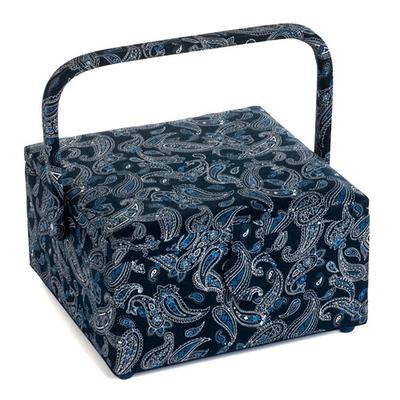 Kézimunkadoboz füllel sötétkék kasmír mintás 23×23×13 cm