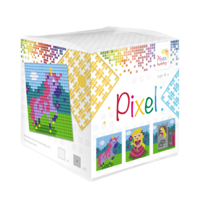 Pixel kocka hercegnő-unikornis 3 db 6x6 cm kép (3 alaplap+18 szín)