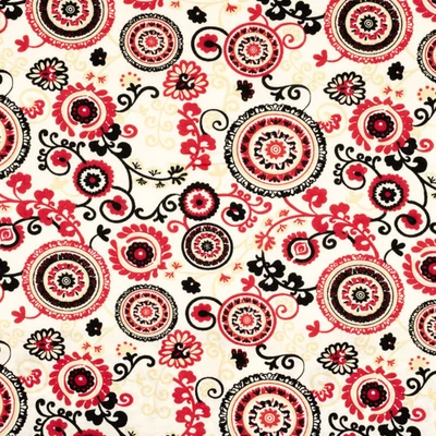 Pamutvászon bézs alapon fekete-piros népi minta