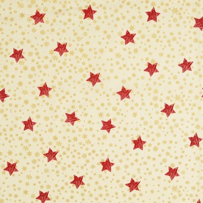 Karácsonyi pamutvászon piros-arany hópelyhek, csillagok krém alapon