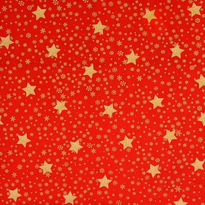 Karácsonyi pamutvászon fehér hópelyhek,  arany csillagok piros alapon