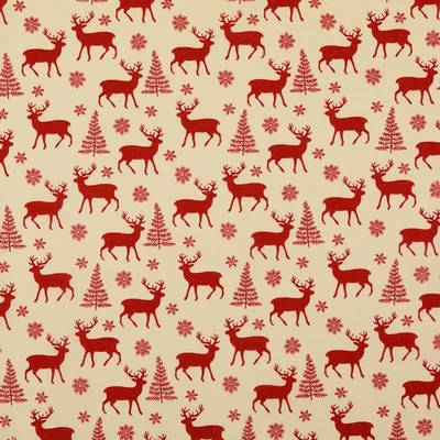 Karácsonyi pamutvászon piros szarvasok és fenyők krém alapon