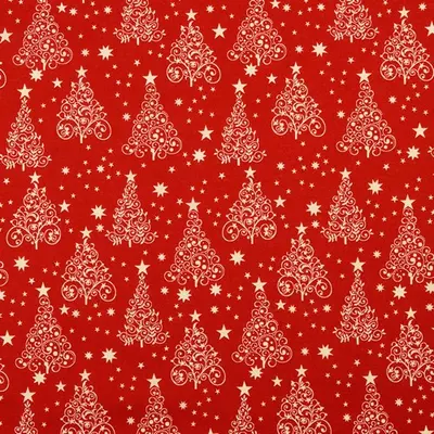 Karácsonyi pamutvászon krémszínű karácsonyfák piros alapon
