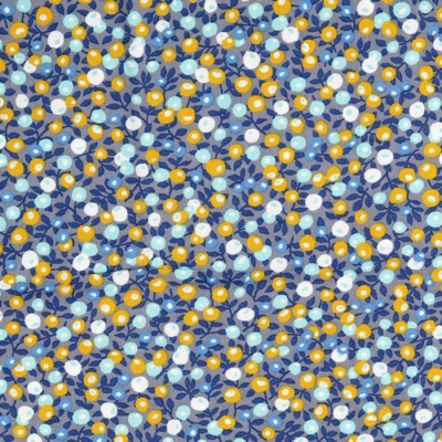 Pamutvászon virágos szürke alapon mustár - kék