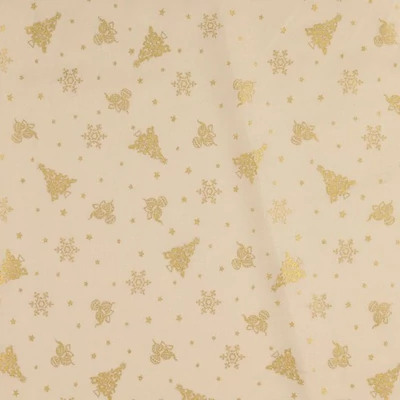 Karácsonyi pamutvászon krém alapon arany fenyő-csillag-díszgömb
