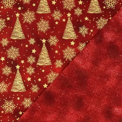 Karácsonyi pamutvászon piros batikolt alapon arany fenyők és hópelyhek