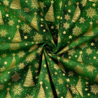 Karácsonyi pamutvászon zöld batikolt alapon arany fenyők és hópelyhek