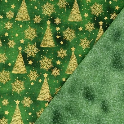 Karácsonyi pamutvászon zöld batikolt alapon arany fenyők és hópelyhek