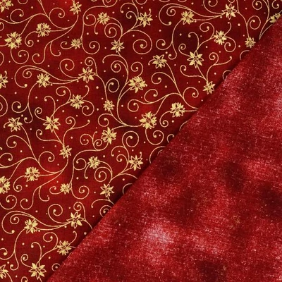 Karácsonyi pamutvászon piros batikolt alapon arany indás csillagvirágok