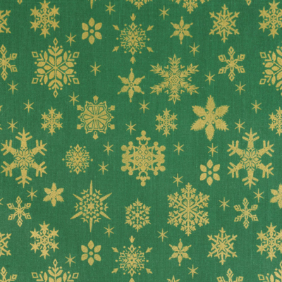 Pamutvászon karácsonyi arany hópihék zöld alapon