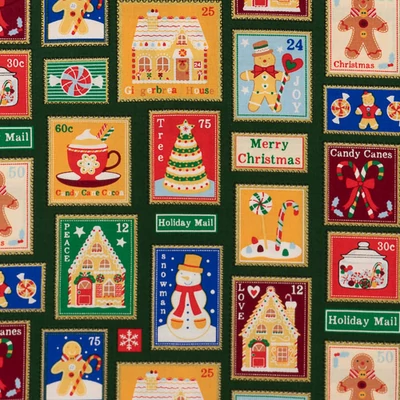 Pamutvászon karácsonyi bélyegek zöld alapon