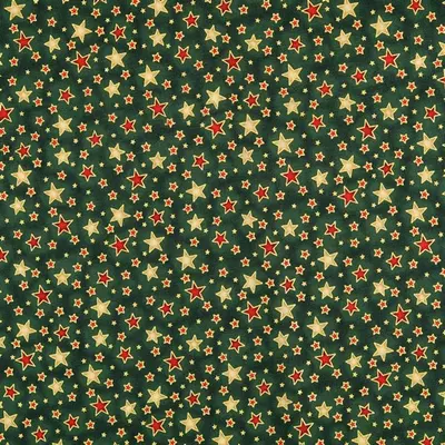 Karácsonyi pamutvászon batikolt hatású zöld alapon csillagok