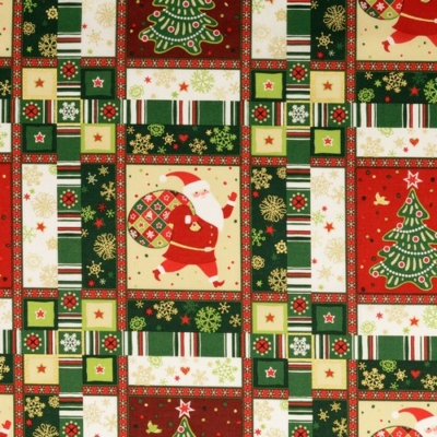 Karácsonyi pamutvászon zöld-tarka mikulásos fenyős képek