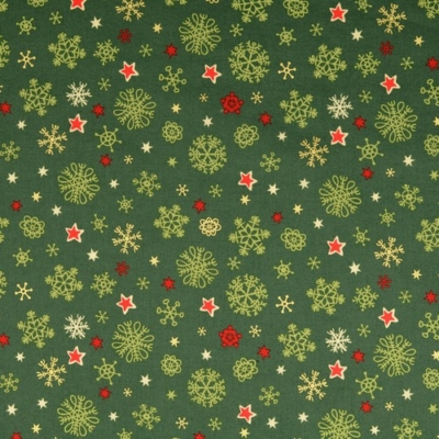 Karácsonyi pamutvászon zöld alapon zöld hópihék csillagok