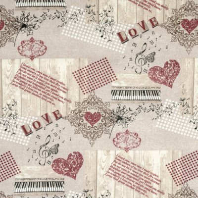 Lonetta vászon vintage stílusú szív-zongora mintával natúr-bordó színben